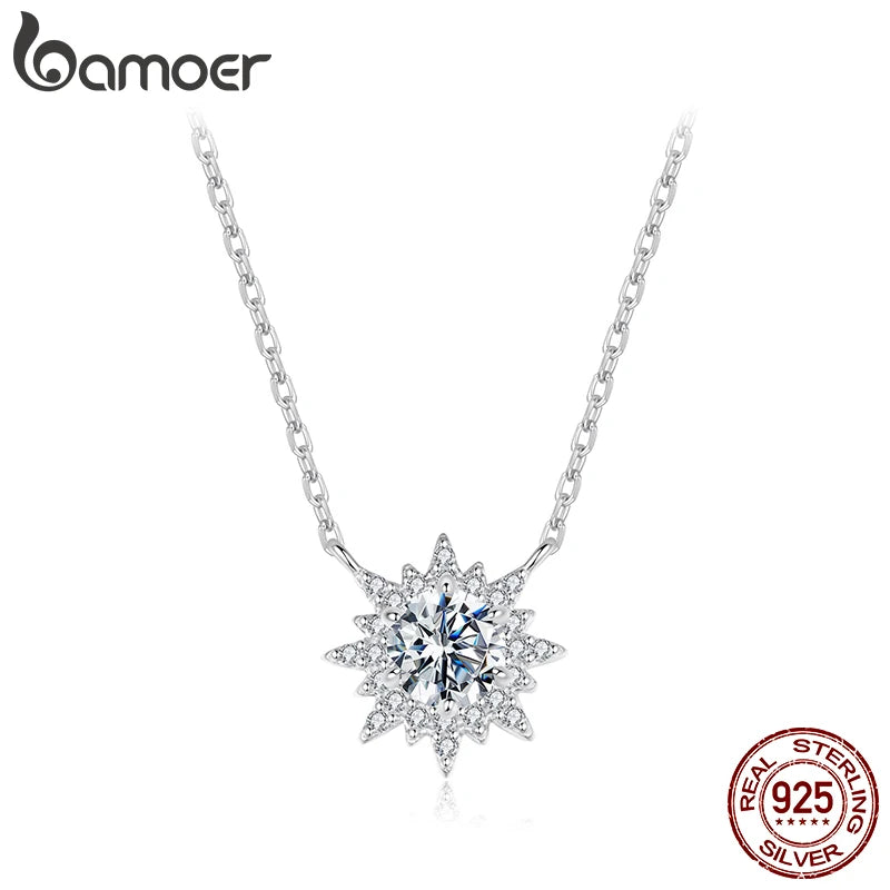 BAMOER 0.5CT Sun Moissanite Necklace 925 Sterling Silver Halo Pendant Necklace with Link Chain for Women Sparkling Jewellry Gift