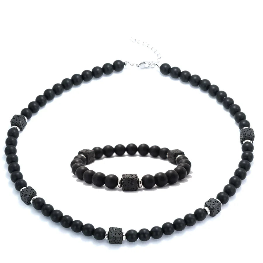 New 2Pcs Men Jewelry Set 19 Inches Choker Necklace 8mm Lava Onyx Obsidian Stone Beaded Bracelet Meditation Healing Jewelry Homme