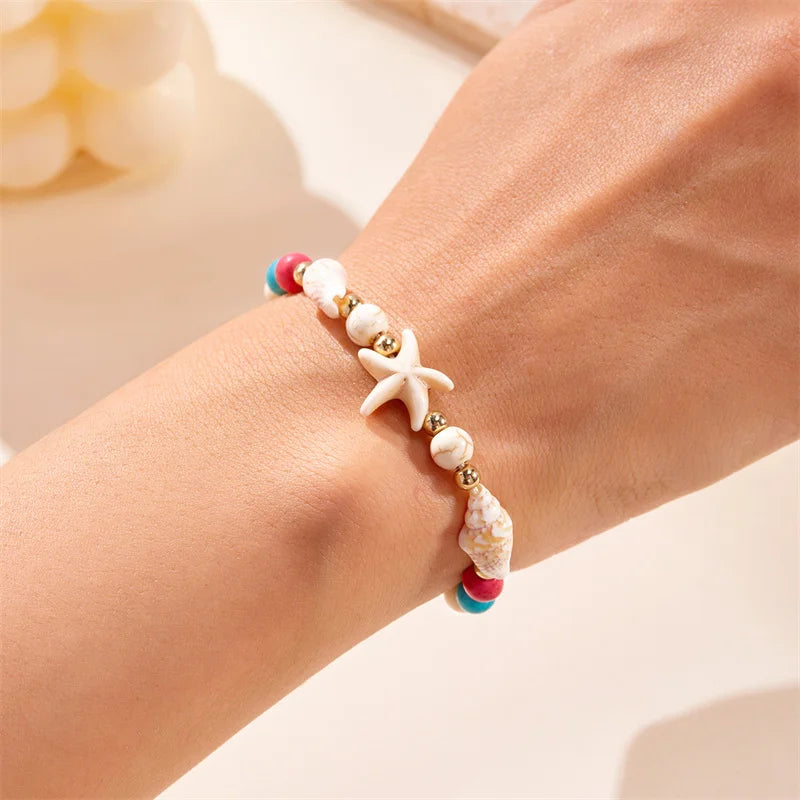 Bohemian Starfish Conch Shell Beads Bracelet For Women Girls Summer Beach Party Rice Bead Adjustable Bangle Friendship Jewelry