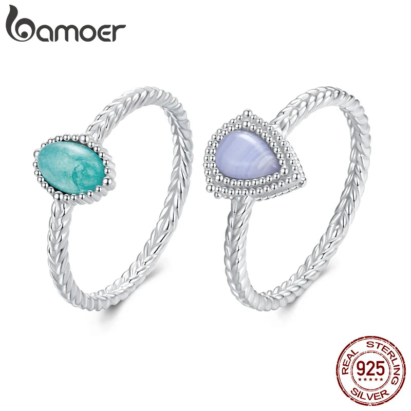 BAMOER 925 Sterling Silver Amazonite/Agate Solitaire Ring, White Gold Plated Finger Rings Dainty Chic Fashion Jewelry BSR624