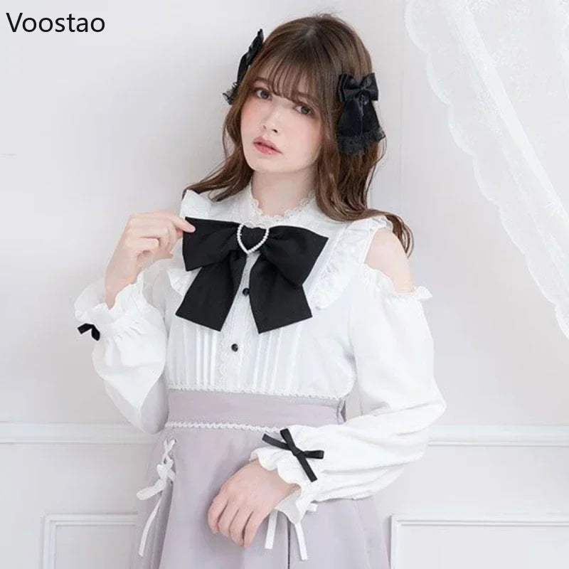 S-4XL Kawaii Women Lolita Shirts Bow Hearts Buckle Blouse Y2k Japanese Hollow Out Long Sleeve Sweet Tops Office Ladies JK Shirt