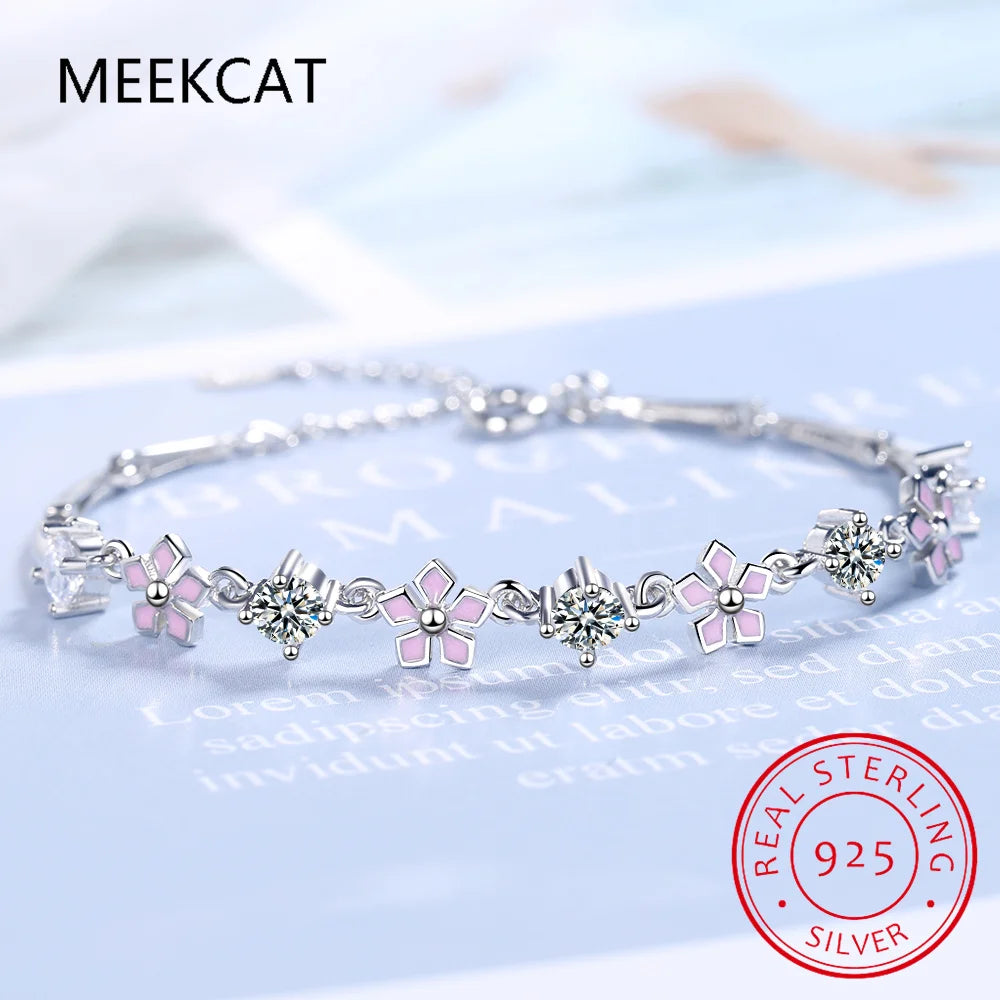 Bracelet en argent sterling 925 et pierres précieuses moissanite pour femme, orné de diamants de laboratoire et d'émail rose Sakura, cadeau idéal pour des fiançailles ou une fête.