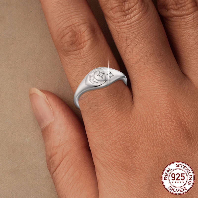 BAMOER Solid 925 Sterling Silver Star and Moon Seal Adjustable Ring for Women Stackble Ring Wedding Band for Her Birthday Gifts