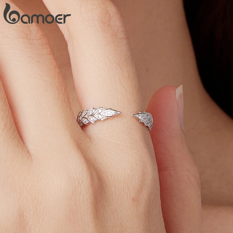 Bamoer 925 Sterling Silber Weizenährenring mit verstellbarer Pavé-Fassung und Zirkonia-Federform – ein perfektes Geschenk für Damen und Mädchen, ideal als Glücksbringer oder Partygeschenk.