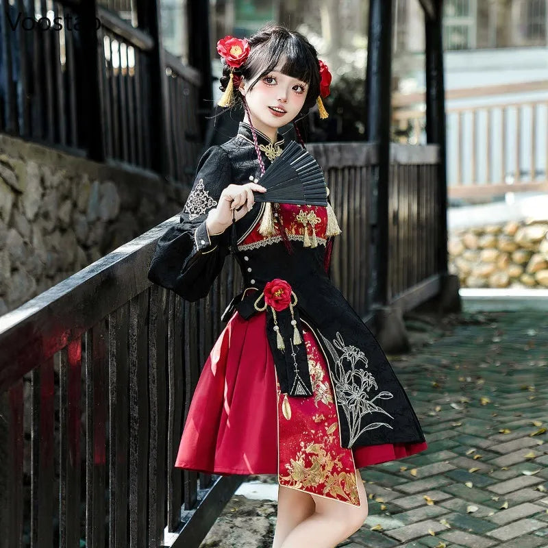 Chinese Style Gothic Lolita Dress Women Punk Style Sweet Black Red Eveing Party Dresses Harajuku Y2k Cosplay Princess Mini Dress