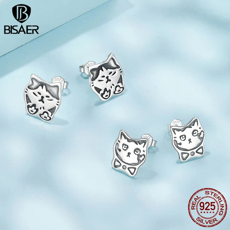 BISAER Real 925 Sterling Silver Cute Bowtie Cat Sud Earrings Lovely Pet Animals Stud Ear for Women & Girls Party Fine Jewelry