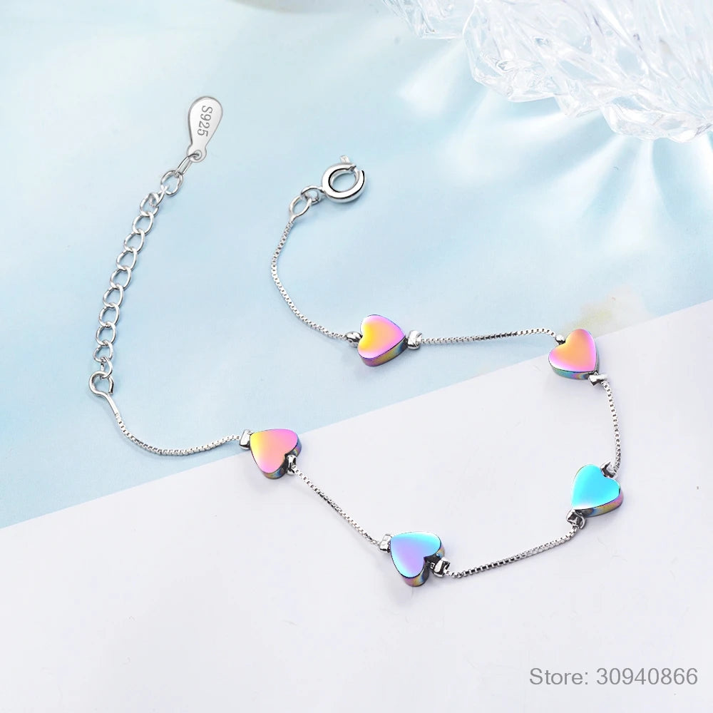 Rainbow Color Enamel Heart Bracelet for Women Heart-shape 925 Sterling Silver Chain Bracelet Anti-allergy Jewelry SCB158