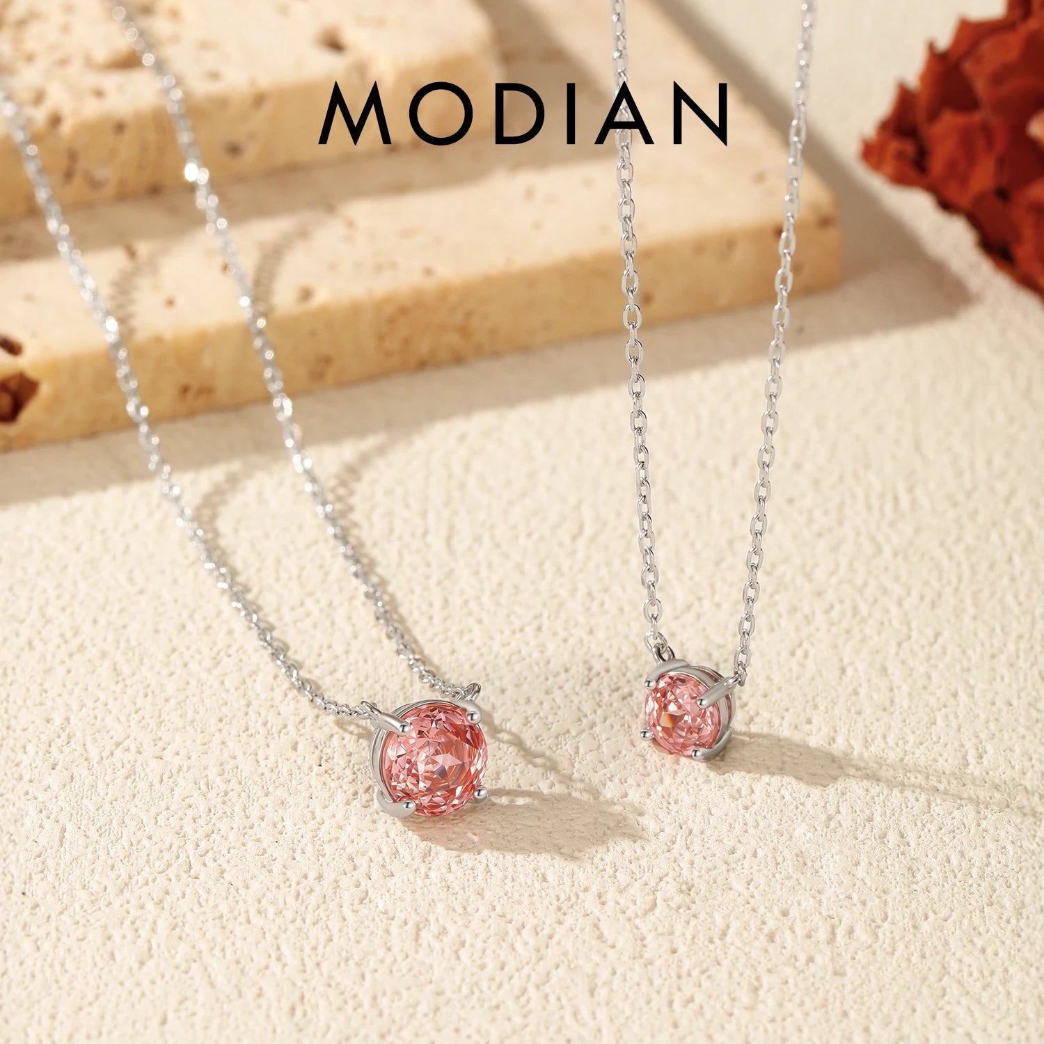 MODIAN 925 Sterling Silver Exquisite Romantic Round Morgan Pink Roses Cut CZ Pendant Necklaces For Women Fine Jewelry Gifts