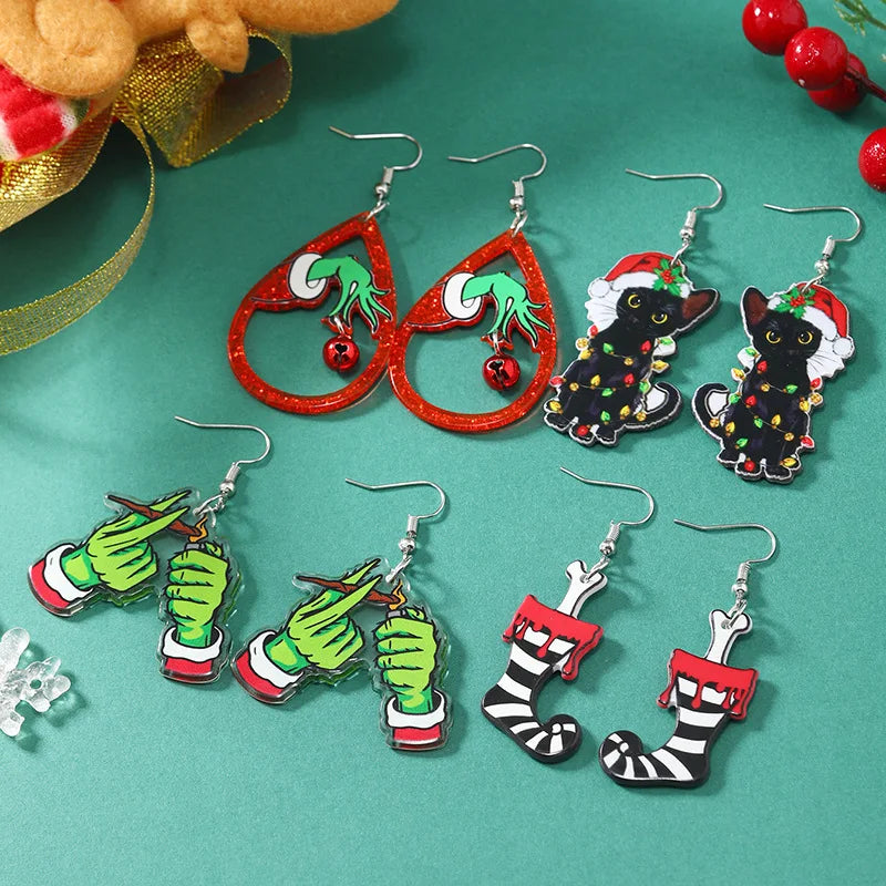 Hot Selling Acrylic Christmas Earrings For Women Green Hand Black Kitten Boots Pendant Sequin Glitter Earring New Year Jewelry