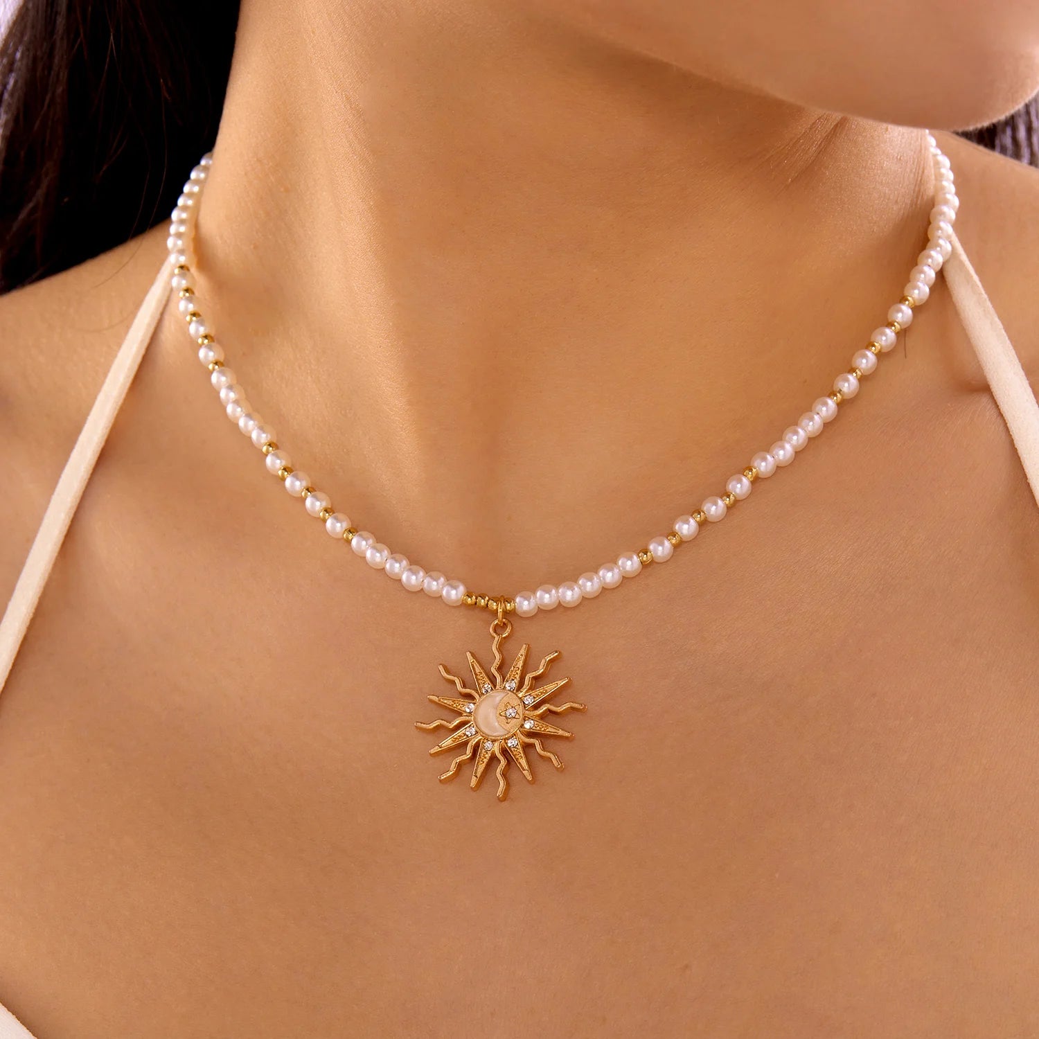 Fashion Metal Zircon Sun Star Pendant Necklaces for Women Vintage Crystal Colorful Rice Beads Choker Party Friendship Jewelry