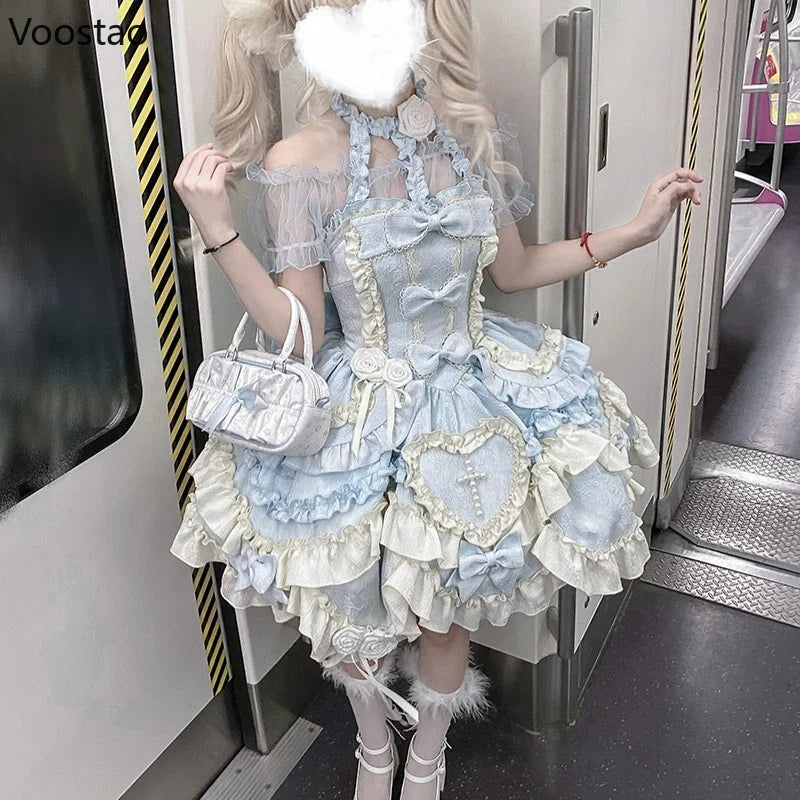 Victorian Sweet Cute Lolita Dress Women Kawaii Y2k Rose Bow Ruffles Party Mini Dresses Japanese Vintage Elegant Princess Dress