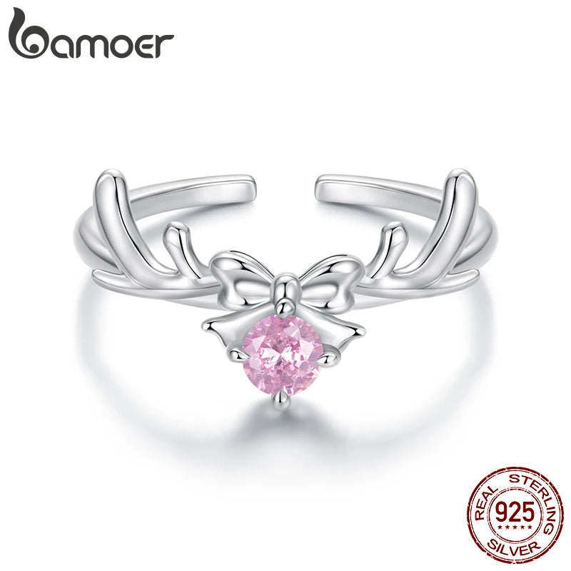 Bamoer 925 Sterling Silber Ring mit süßer Schleife und Rentier, verstellbarer, runder rosa Zirkonia-Ring für Damen und Teenager, wunderschönes Weihnachtsgeschenk