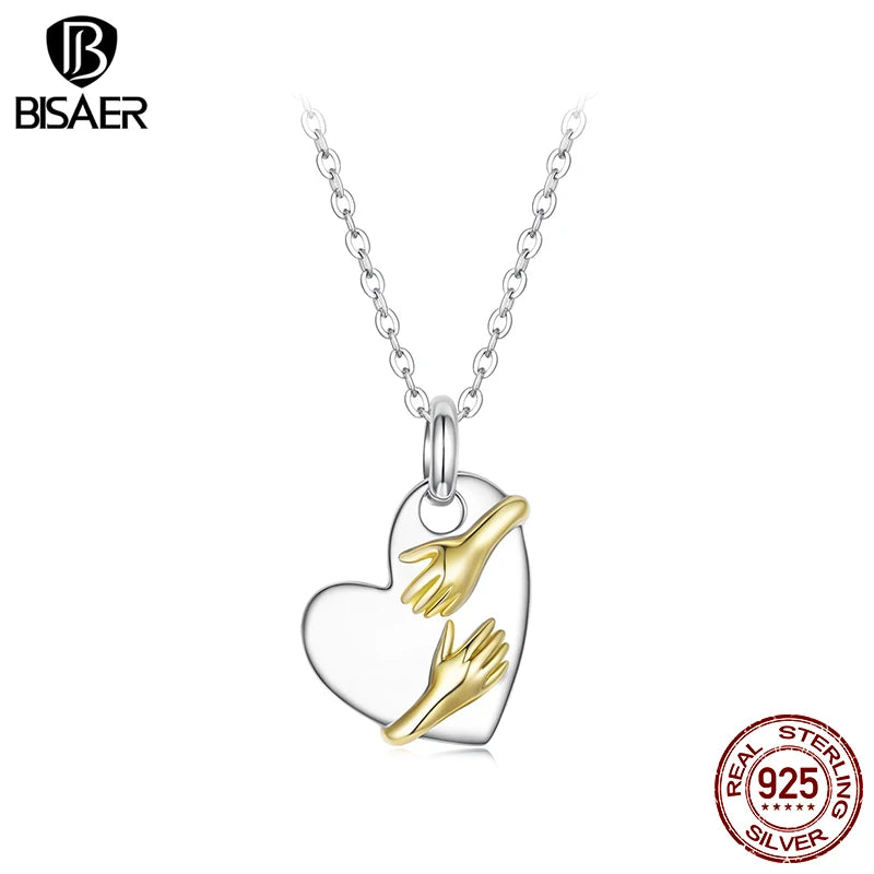 BISAER 925 Sterling Silver Hug Heart Pendant Necklace Adjustable Chain Plated White Gold for Women Party Fine Jewelry EFN441