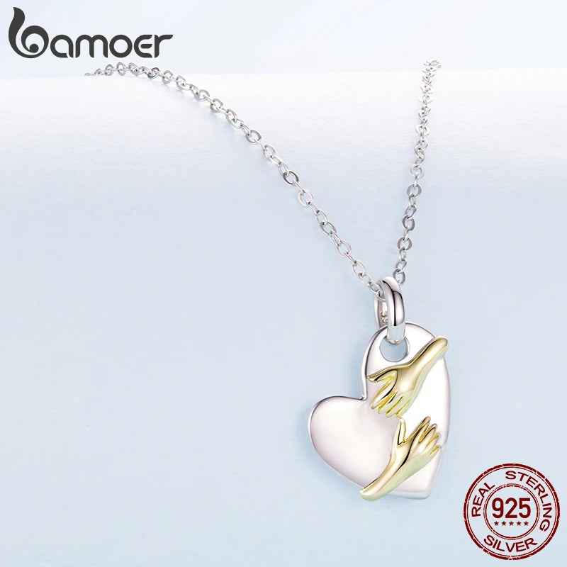 BAMOER 925 Sterling Silber Zweifarbige Umarmungskette mit Herzanhänger, Halskette für Damen, Muttertagsgeschenk, Schutzschmuck
