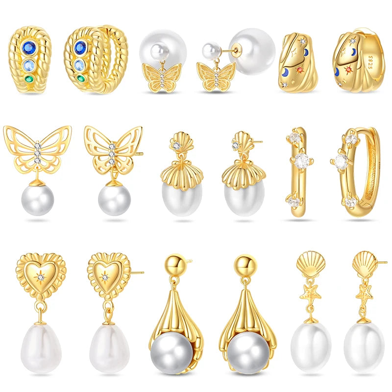 New Pearl Earrings 925 Silver Stars Moons Butterfly Sea Shell Golden Hoop Earrings Ear Stud For Women Engagement Luxury Jewelry