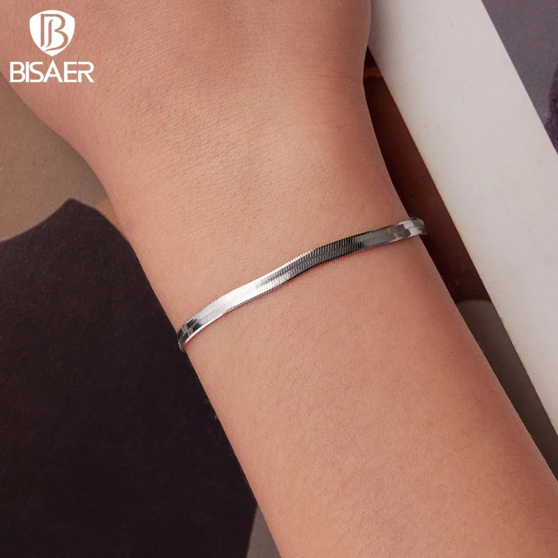 BISAER Wide Snake Bracelet 925 Sterling Silver Dainty Stackable Link Chain Adjustable for Women Trendy Fine Jewelry ECB303