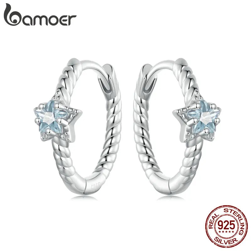 BAMOER Solid 925 Sterling Silver Star Hoop Earrings for Women Teens Huggie Birthday Gift BSE1090