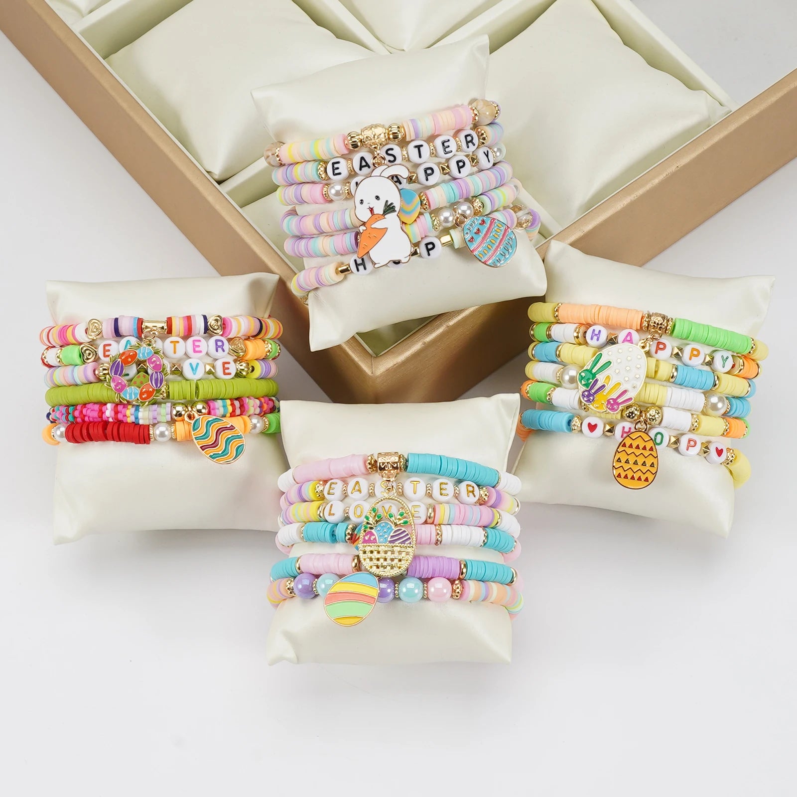 Ensemble de bracelets surfeurs Heishi de Pâques, œufs de Pâques, lapin, bracelets extensibles colorés empilables en argile perlée
