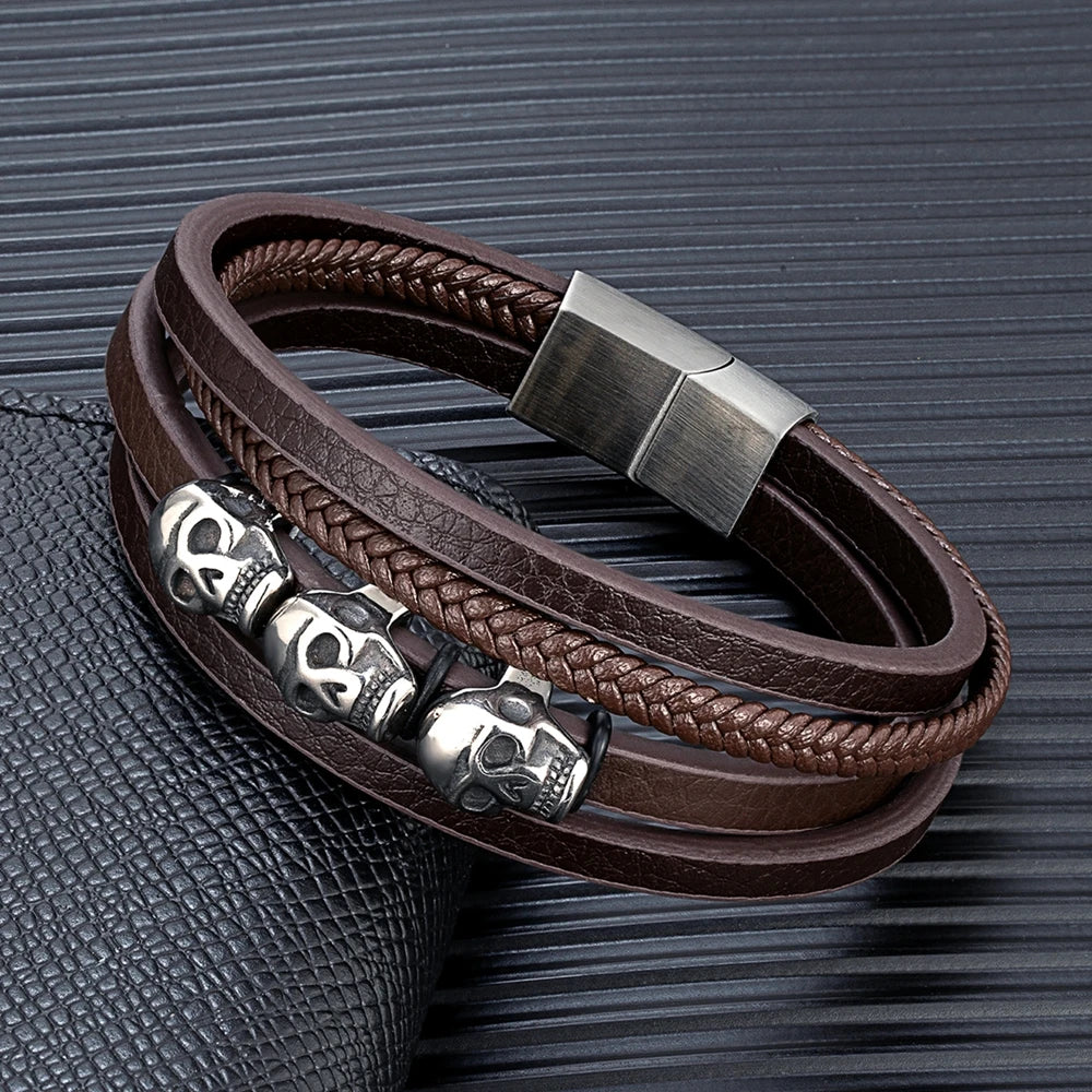 MKENDN Men Leather Bracelets Braided Rope Bangle Multilayer Retro Skull Beads Punk Unisex Jewelry Wristband Gifts