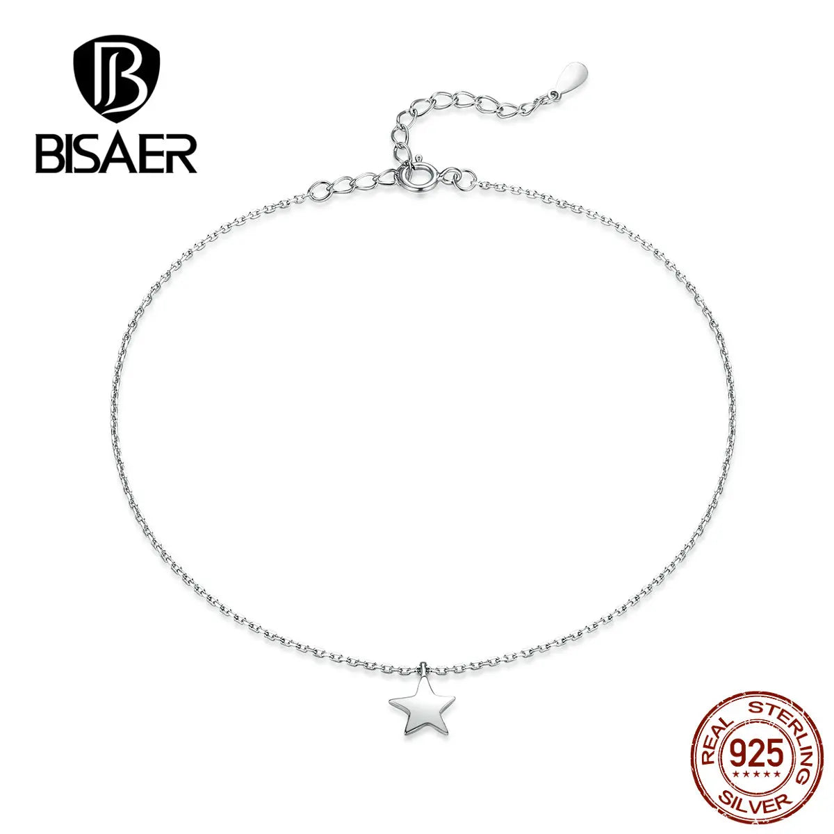 BISAER 925 Sterling Silver Star Anklets Étoile à cinq branches Chaîne réglable Anklets pour femmes Fête Fine Jewelry Cadeau de vacances