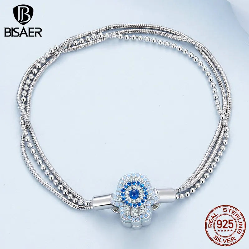 BISAER Bracelet de base en argent sterling 925 véritable avec ange gardien Fatima plaqué platine pour femmes, breloques, perles, bijoux fins à faire soi-même