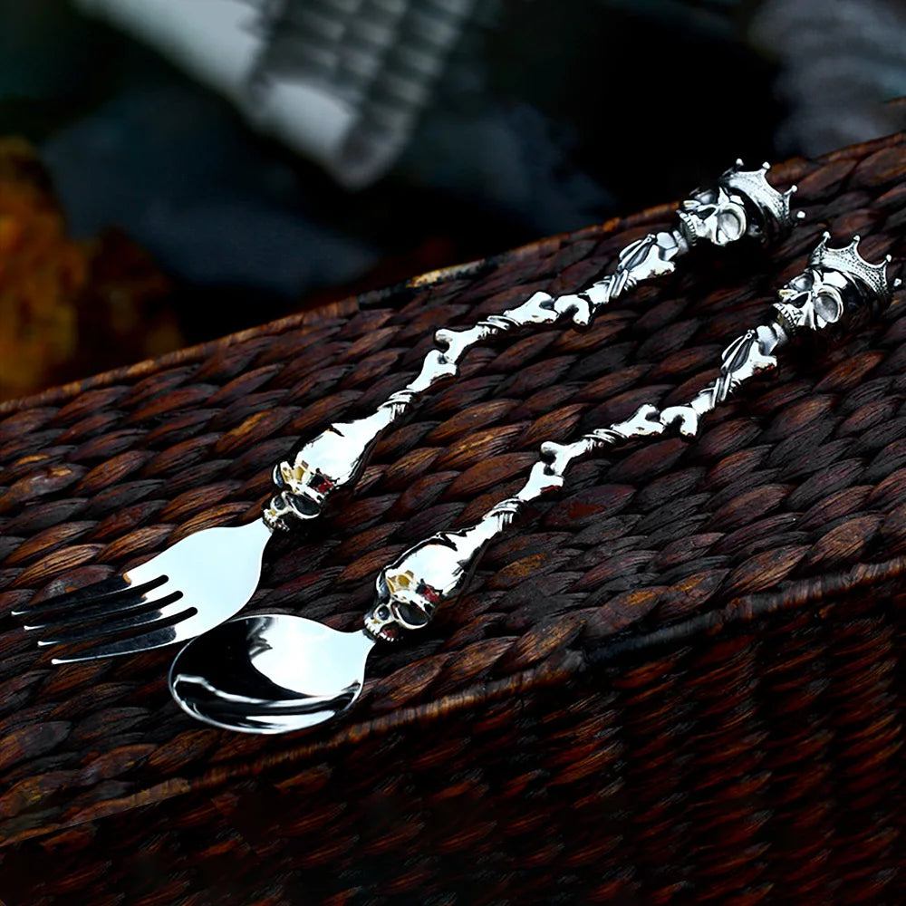 Nouveau design en acier inoxydable 304L crâne couronne fourchette cuillère pour hommes femmes mode punk personnalité créative vaisselle fête bijoux