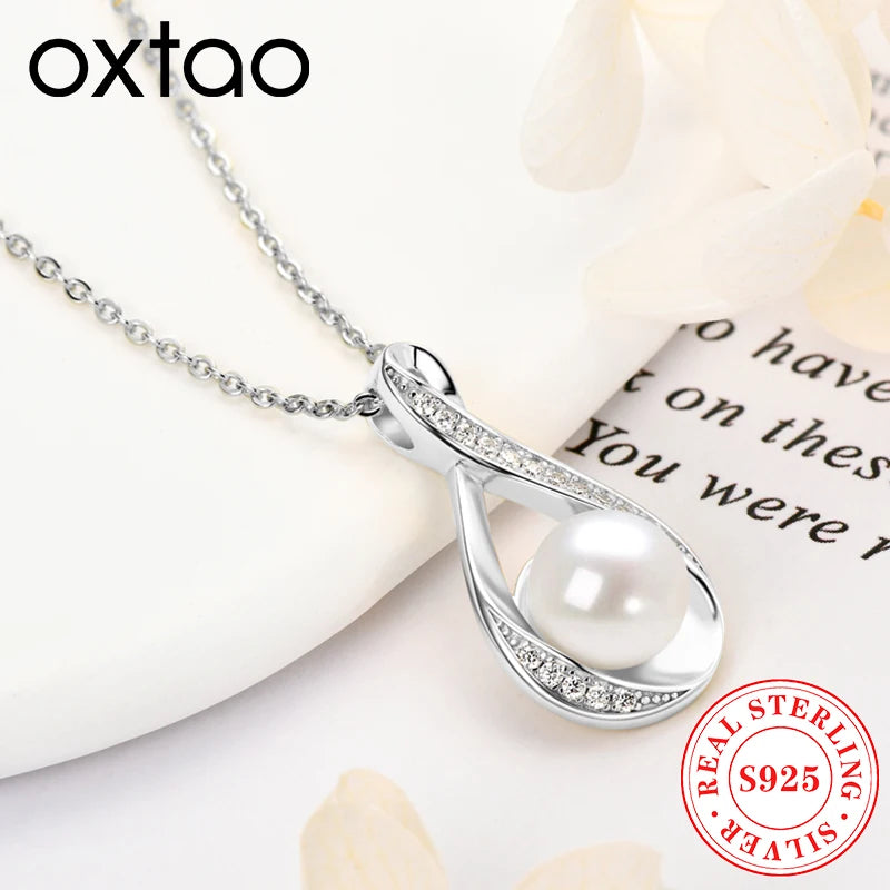 OXTAO Infinity Pendant Necklace 9mm Natural Freshwater Pearl Female Jewelry 925 Silver Moissanite Necklaces Wedding Gifts GRA