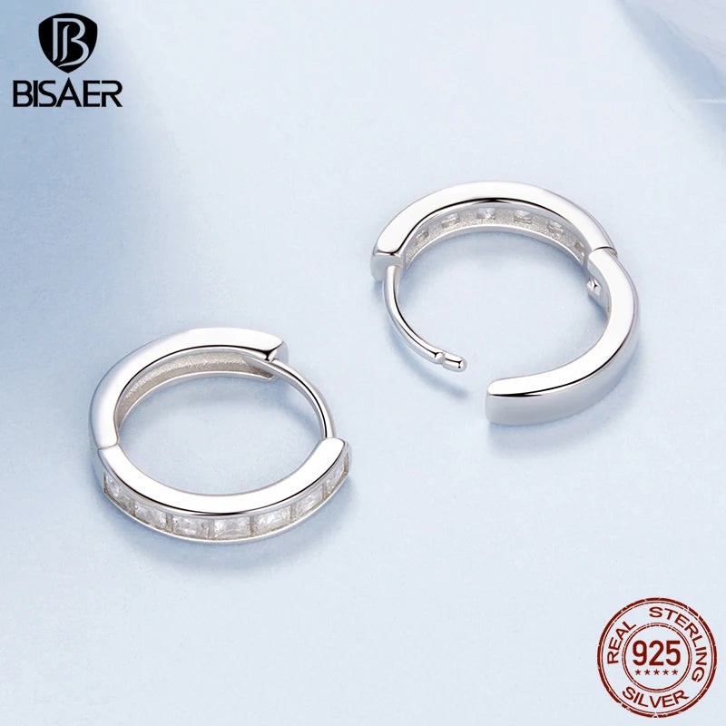 BISAER Real 925 Sterling Silver Square Sparkling Hoop Earring Round Circle Cubic Zirconia Stud Ear For Woman Party Fine Jewelry