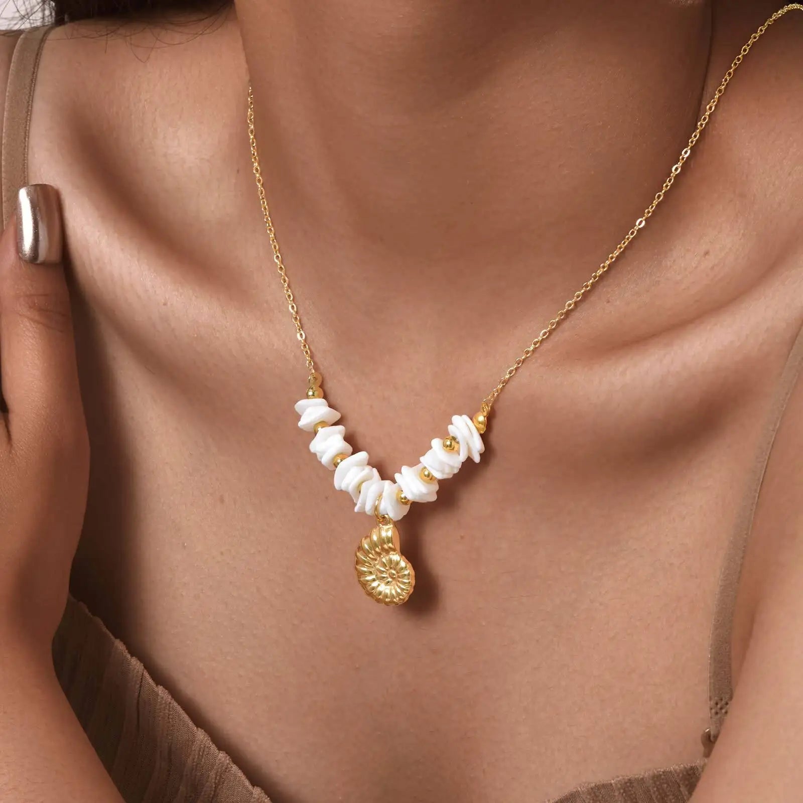 Vnox New Original Design Bell Conch Pendent Necklaces For Women,Stainless Steel White Square Bead Chain,Beach Waterproof Jewelry