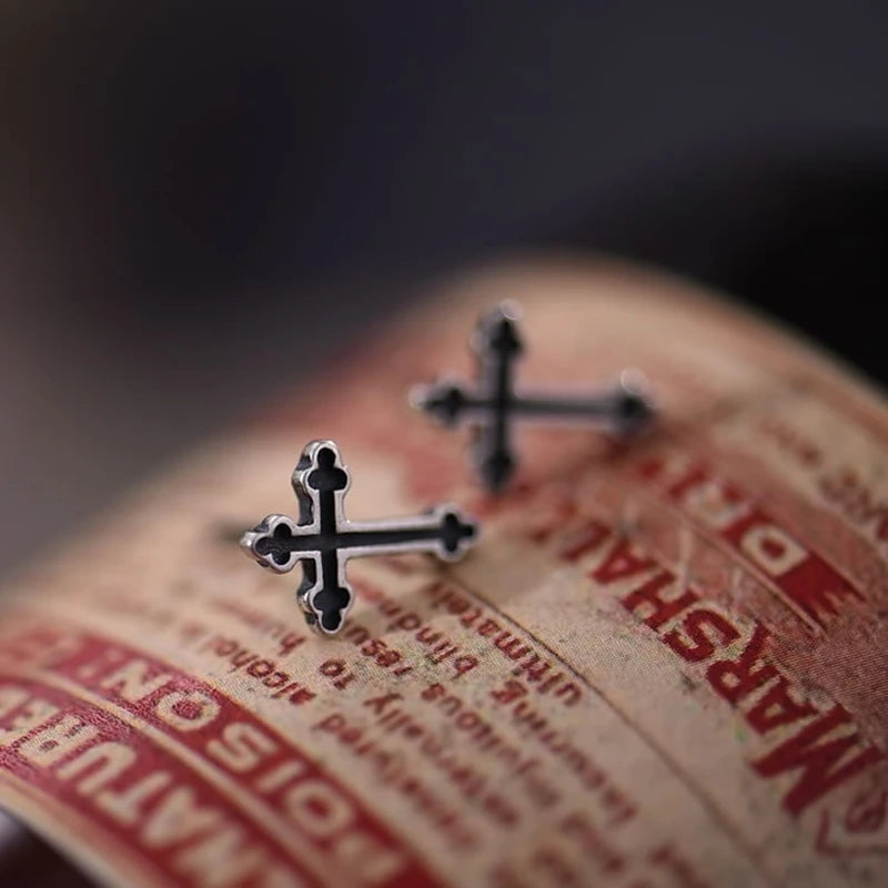 MKENDN Minimalist Men Women Punk Retro 925 Sterling Silver Gothic Cross Stud Earrings Street Hip Hop Ear Jewelry Gifts