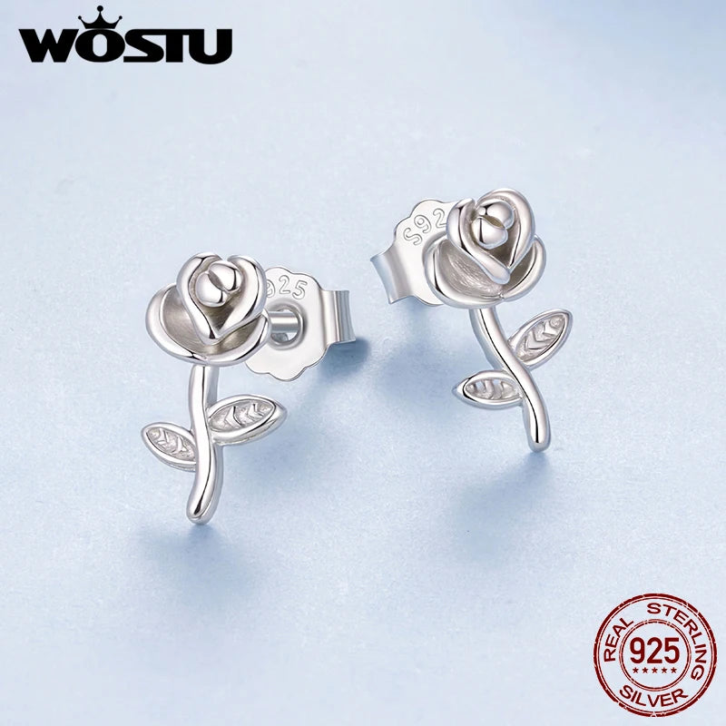 WOSTU 925 Solid Silver Rose Flower Stud Earrings For Women , Original Flower Design Simple Date Jewelry Gift For Lover