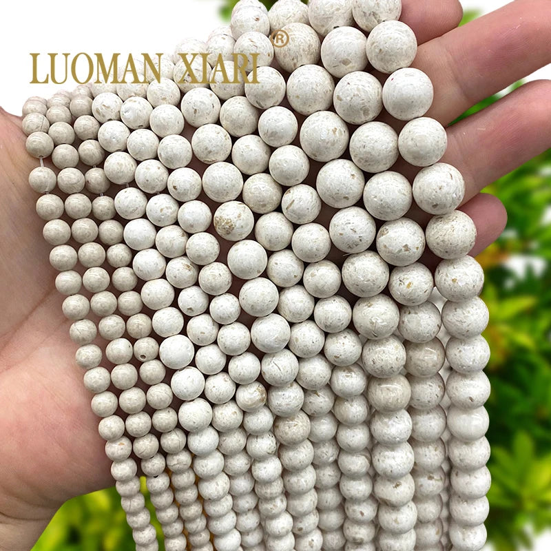 6/8/10/12MM Natural Stone Fossil White Round Loose Spacer Beads for Jewelry Making DIY Earrings Bracelet Charms Accessories 15''