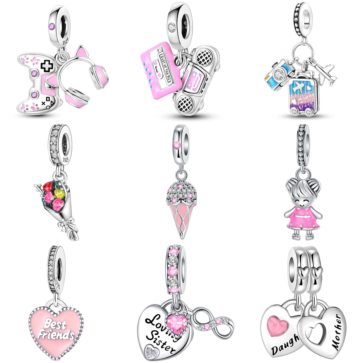 Anhänger „Love Flower Girl Pink“ aus 925er Silber für originales Pandora-Charm-Armband, DIY-Perlen für Frauen, edle Schmuckherstellung