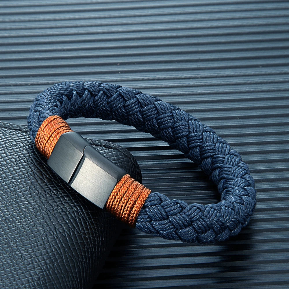 MKENDN Nautical Style Wide Rope Bracelet Fashion Men Stainless Steel Adjustable Shackle Clasp Wrap Bangles Handmade Jewelry Gift - Madeinsea©