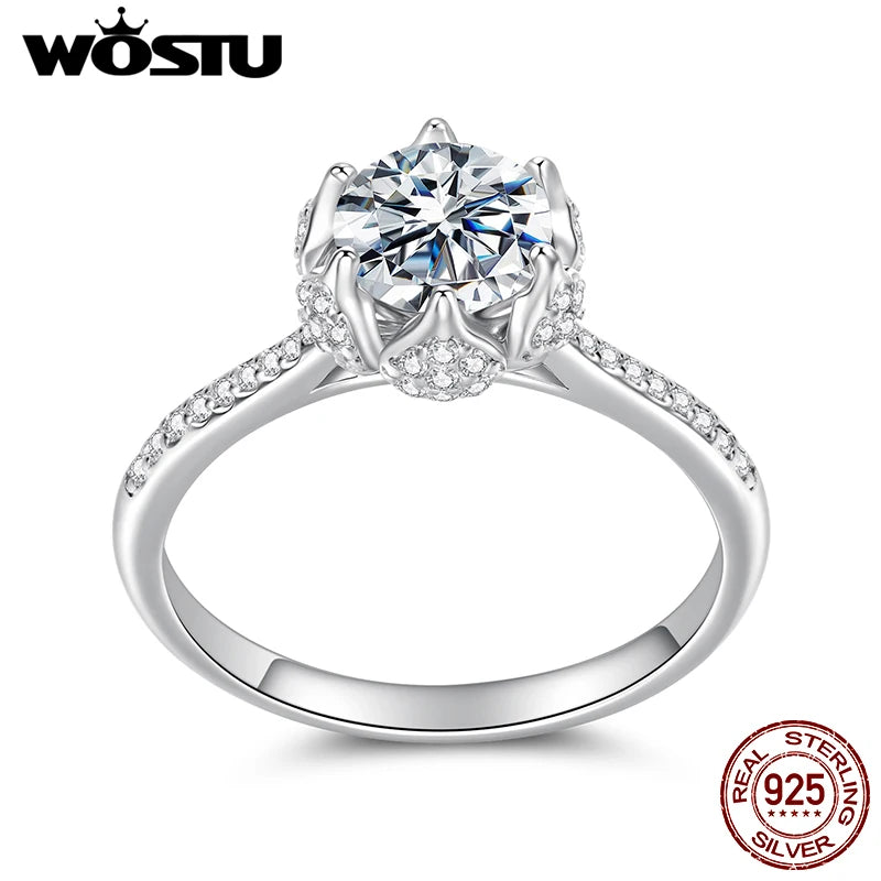 WOSTU 1CT Moissanite Ring Floral Core White Gold Luxury Original 925 Sterling Silver For Women Engagement Wedding Fine Jewelry