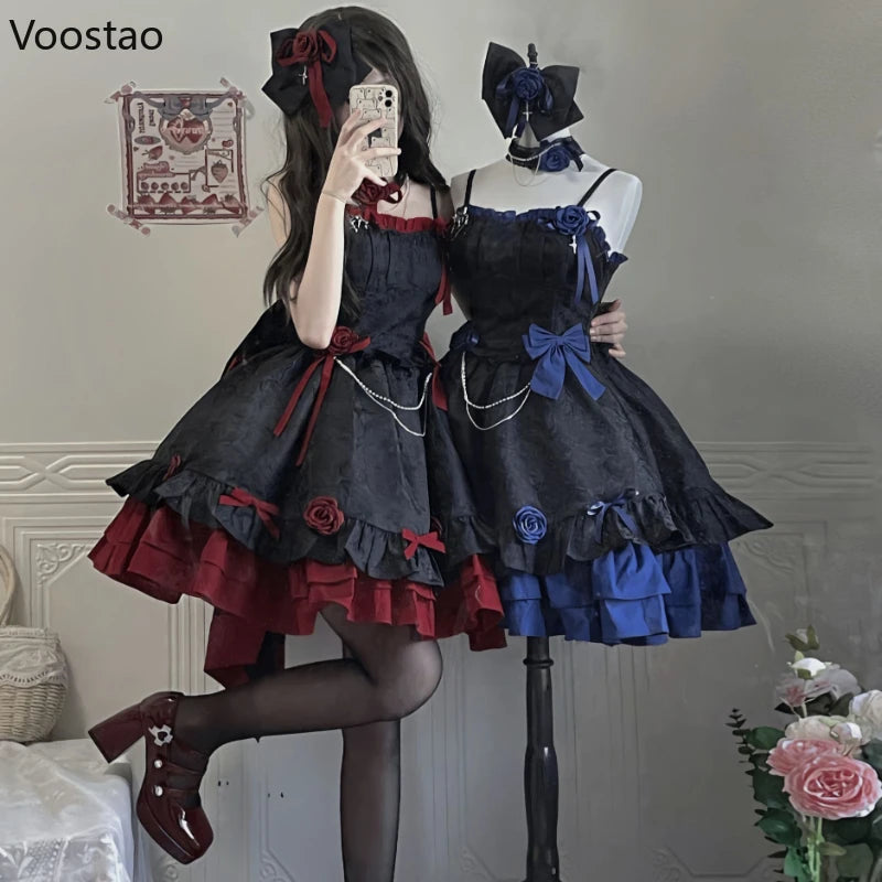 Victorian Vintage Gothic Lolita Jsk Dress Women Elegant Rose Ruffles Bow Princess Dresses Halloween Girls Y2k Tea Party Dress