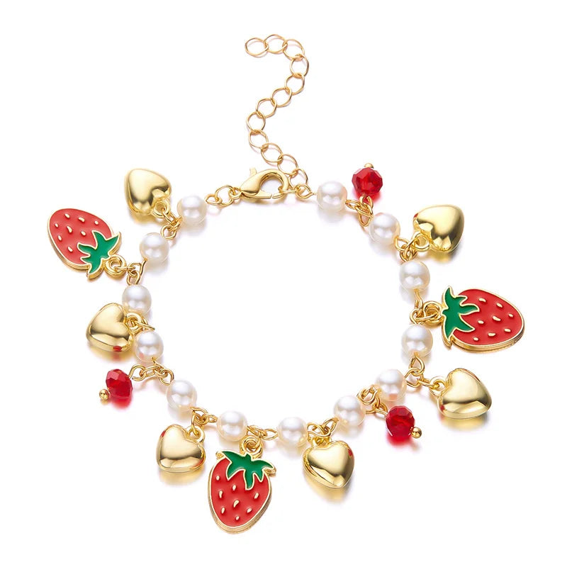 Charm Red Strawberry Bracelet For Women Cute Cherry Heart Shape Fruit Pearl Metal Chain Wristband Girls Party Friendship Jewelry