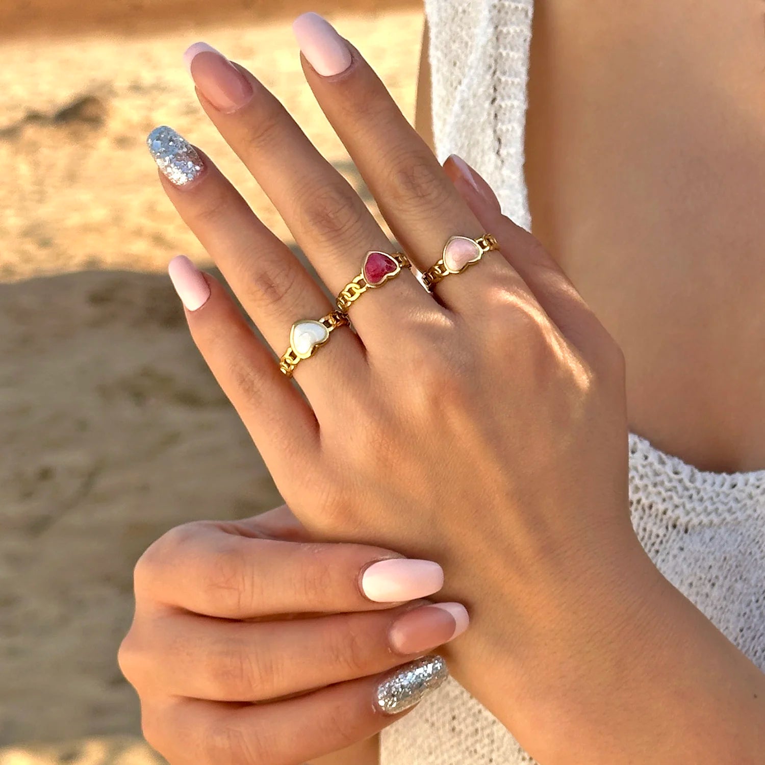 Bohemian Gold Color Enamel Open Rings For Women Stainless Steel Love Heart Shape Adjustable Finger Ring Luxury Charm Jewelry