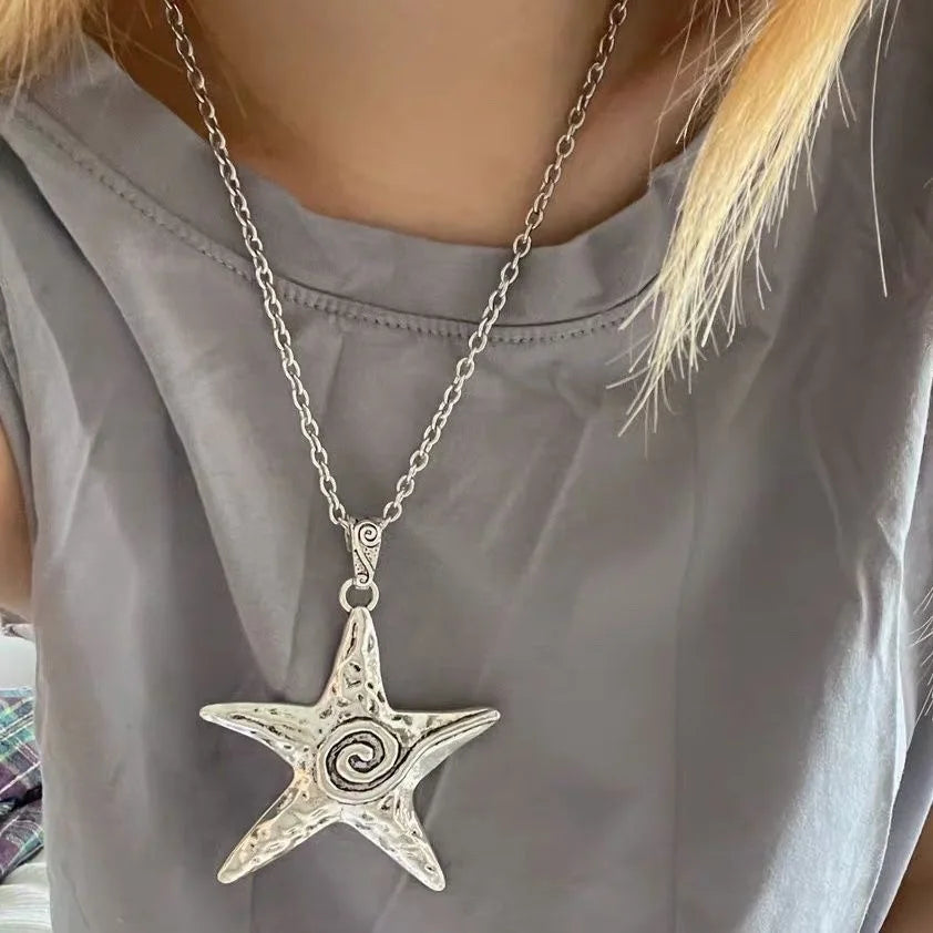 Exaggerated Metal Big Starfish Pendant Necklace for Women Silver Color Punk Gothic Star Chain Choker Girl Party Y2K Jewelry