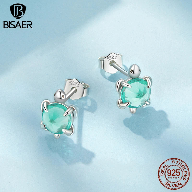 BISAER 925 Sterling Silver Turtle Stud Earrings Green Glass Stud Ear for Women & Girls Party Fine Jewelry Holiday Gift ECE1879
