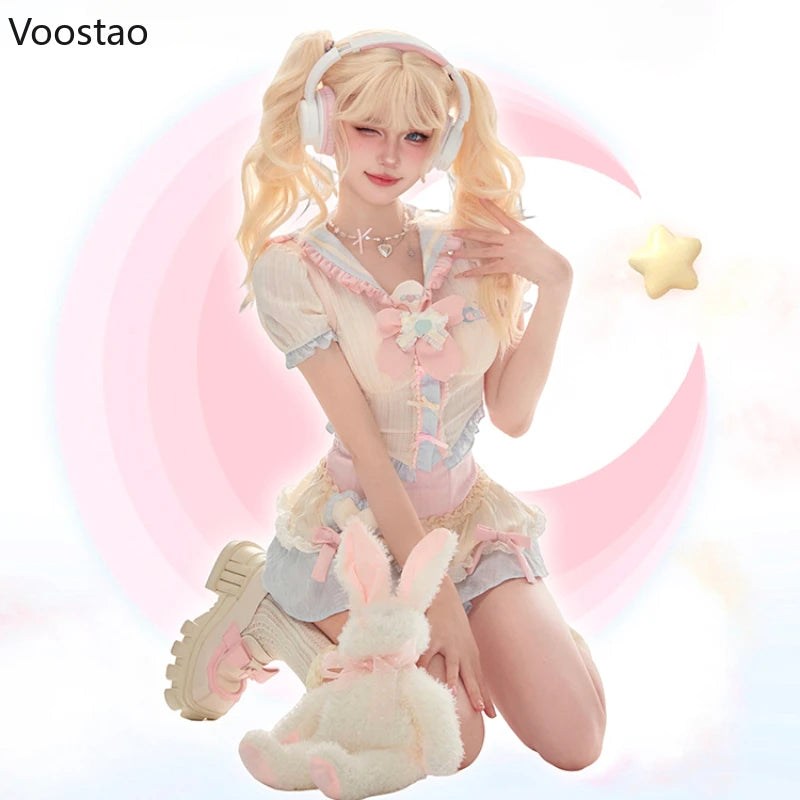 Kawaii Lolita Style Skirt Set Women Sweet Bow Short Sleeve Blouse Crop Tops Mini Skirts Suit Female Korean Fashion 2 Piece Sets