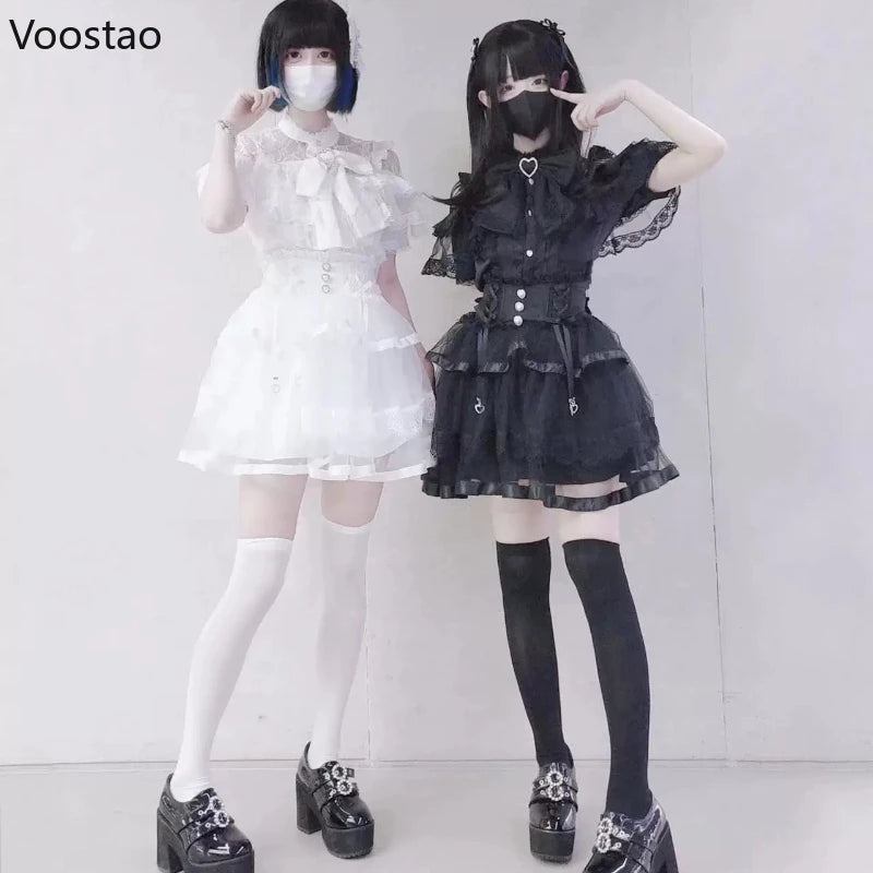 Japanese Gothic Lolita Style Rhinestone Mini Skirt Women Punk Slim Bandage Cake Skirt Girls Sweet Y2k Mesh Skirts Faldas Mujer