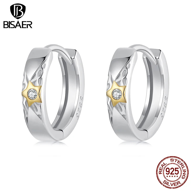 Boucles d'oreilles créoles en argent sterling 925 BISAER - Boucles d'oreilles rondes classiques à tige plaquées or pour femmes romantiques - Bijoux fins de fête