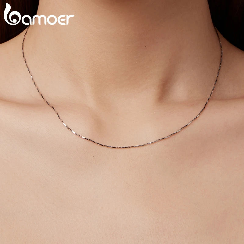 Bamoer 925 Sterling Silver Geometric Sparkling Chain Necklace Lobster Clasp Adjustable Flat Basic Chain for Women DIY Pendants
