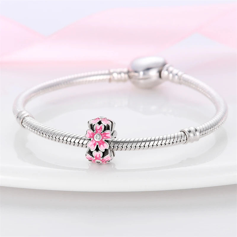 Charms 925 Silver Butterfly Flowers Colorful Zircon Silicone Spacer Beads Fit Pandach 925 Original Bracelets Fine DIY Jewelry