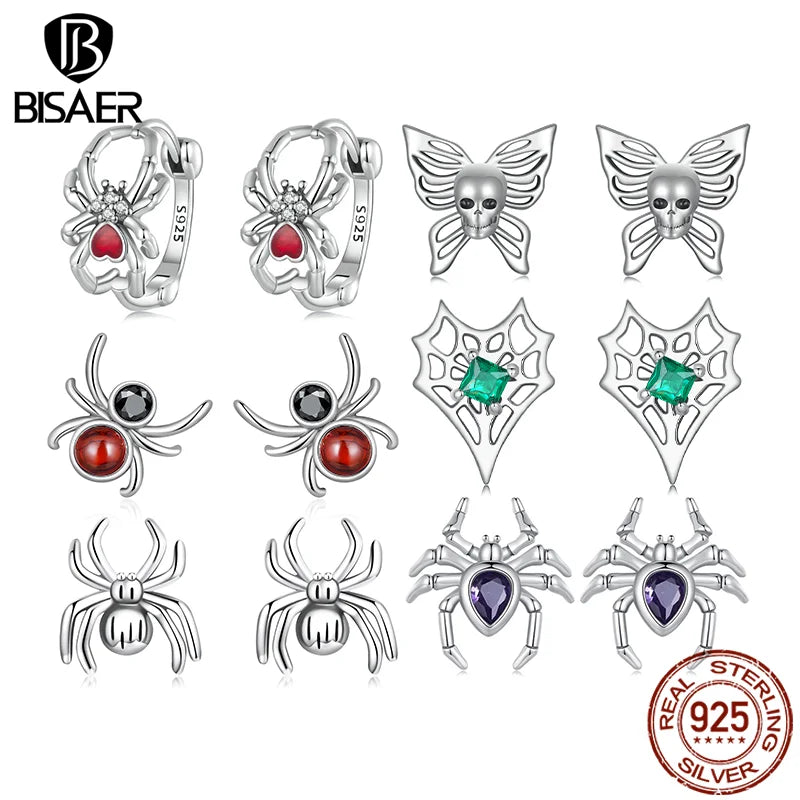 BISAER 925 Sterling Silber Herzförmige Spinnennetz Creolen Totenkopf Schmetterling Spinne Ohrstecker Für Frauen Partei Schmuck