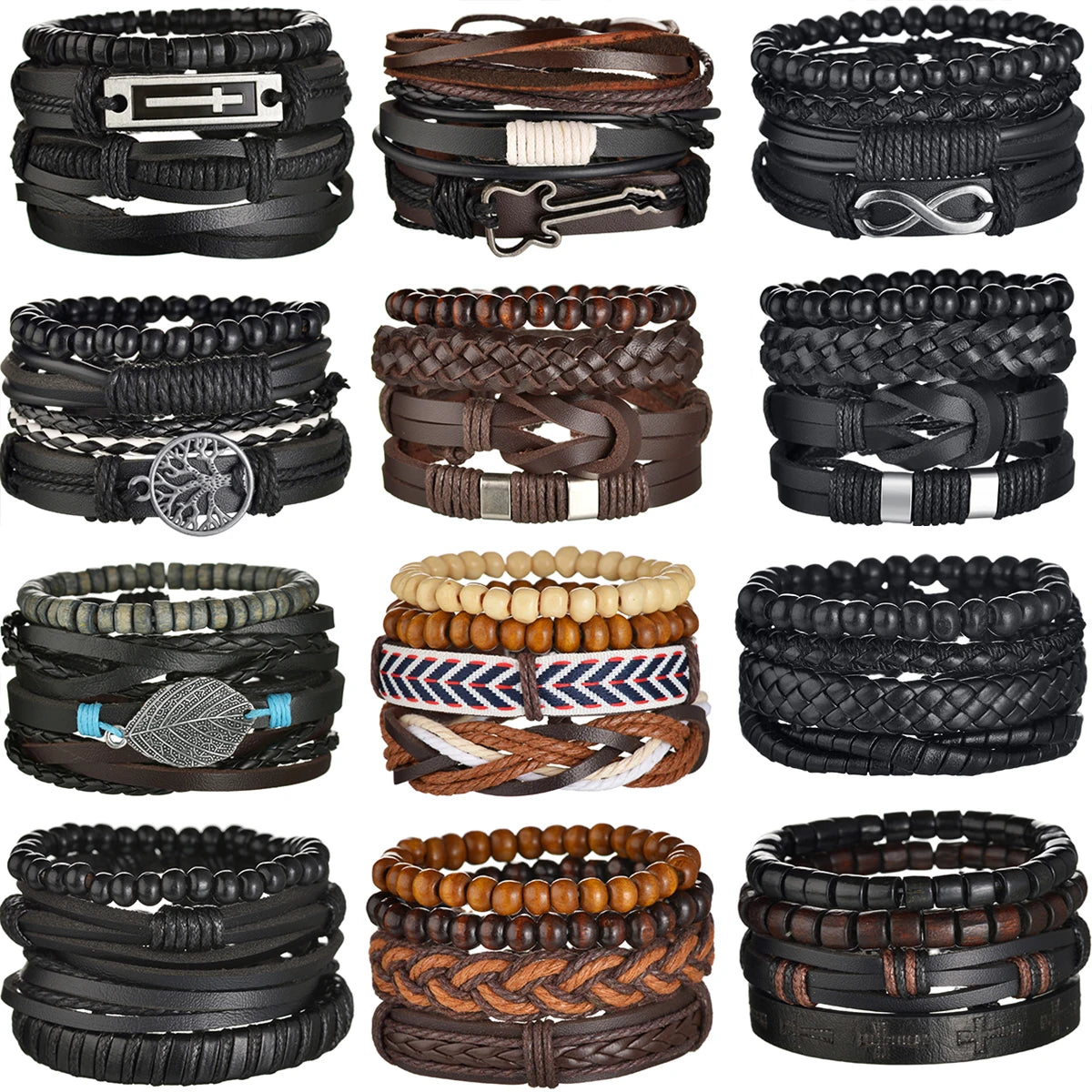 MeMolissa 3/4Pcs/ Set Braided Wrap Leather Bracelet for Men Vintage Life Tree Guitar Wood Beads Fashion Male Bracelets Wristband - Madeinsea©