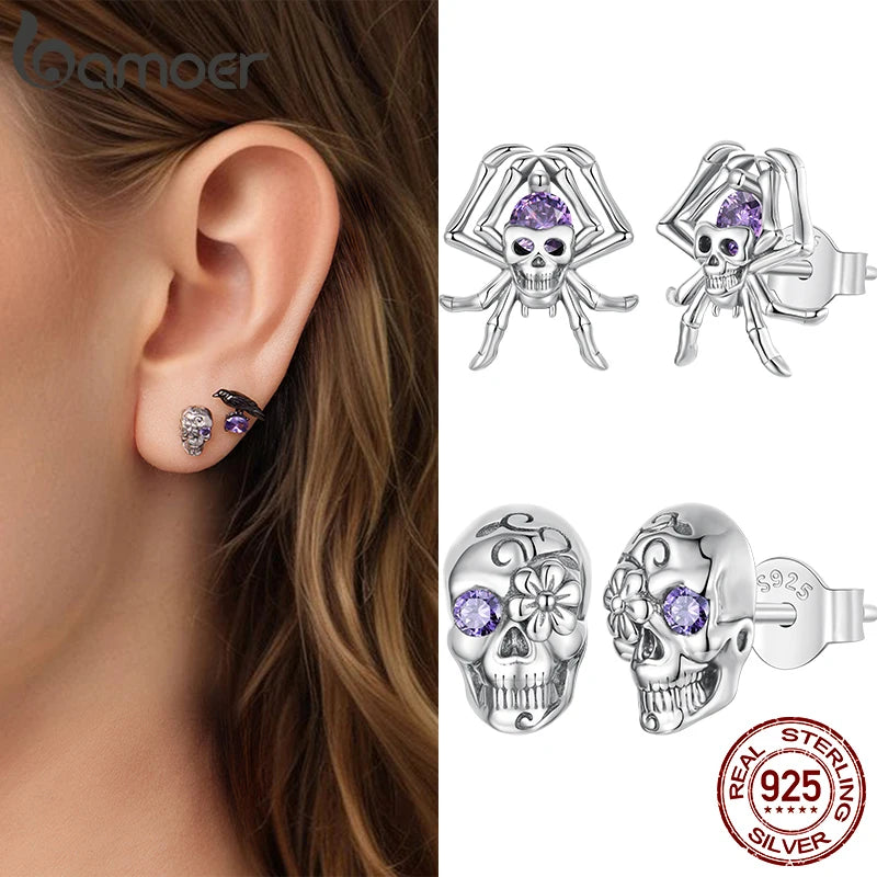 BAMOER 925 Sterling Silber Totenkopf- und Spinnenohrstecker für Damen, oxidierte Halloween-Ohrringe im Vintage-Stil mit Zirkonia