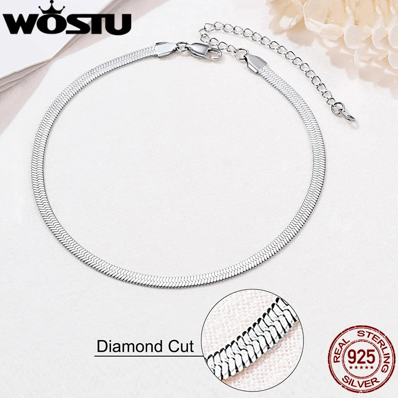 WOSTU 925 Sterling Silver 3MM Flat Snake Chain Bracelet For Women , Cuban Chain Stacked Chain Links For Women Punk Jewelry Gift
