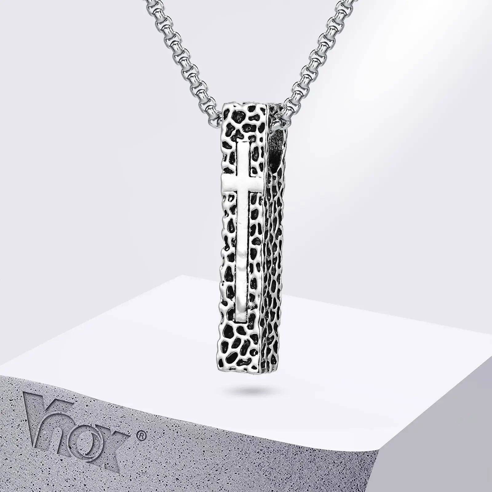 Vnox Pillar Shaped Cross Pendant Necklace, Unisex Rectangle Bar Necklaces, Cool Mens Womens Faith Jewlery Gift